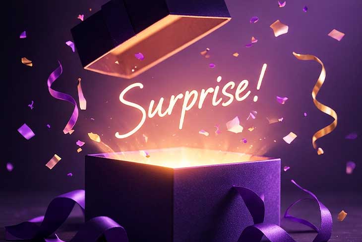 کلمه انگلیسی Surprise روی جعبه باز